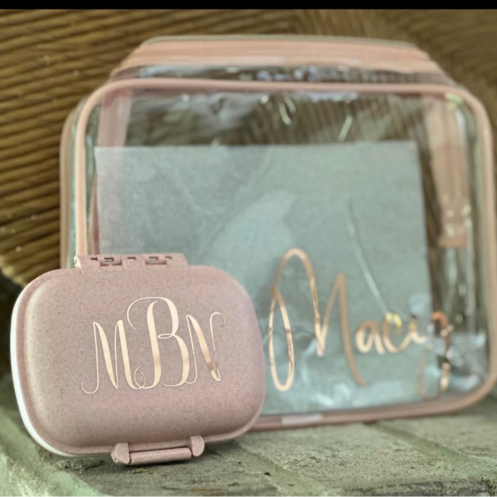 Personalized travel jewelry case and makeup bag.